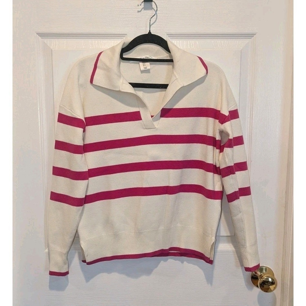 Coastal Preppy Striped‎ Collared Sweater Pink Cream Max Studio Small
